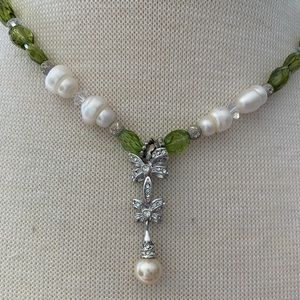 Peridot and fresh water pearls and crystals and sterling silver necklace